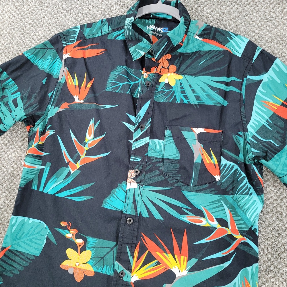 Tony Hawk Mens Small Tropical Bird of Paradise Floral Button Down Shirt Black